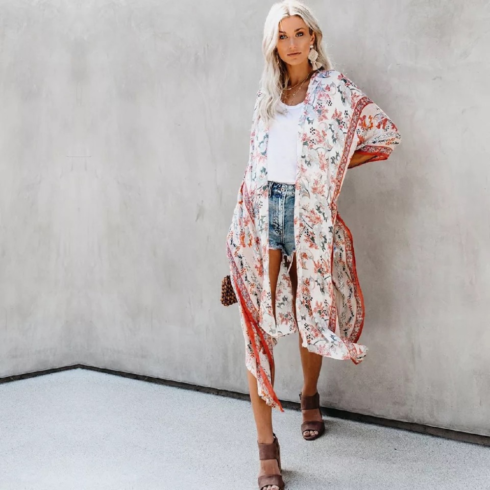 Picnic Date Tangerine & Sage Floral Kimono Top - Picture 2 of 15